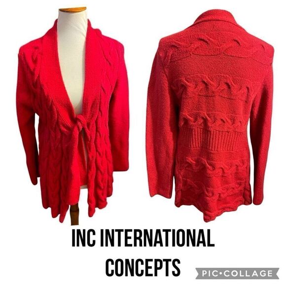 INC International Concepts Sweaters - Inc International Concepts Red Cable Knit Cardigan with Tie at Chest Size X-Larg